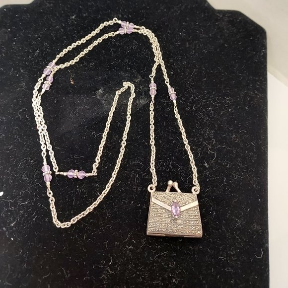 Sterling Silver Amethyst marcasite purse locket Necklace - Picture 3 of 7